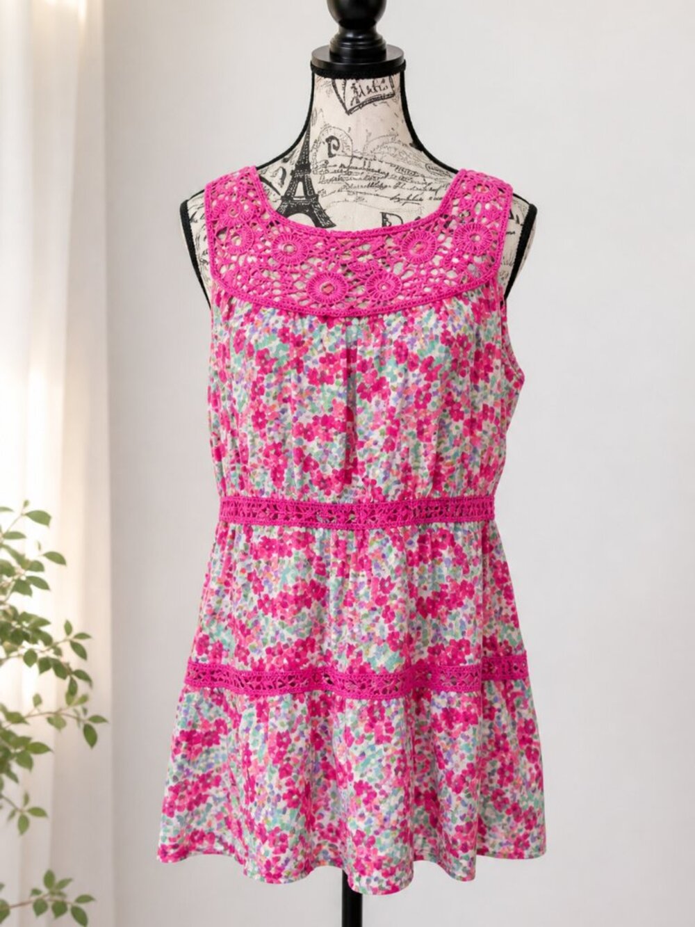 Bandolino Pink Floral Crochet Boho Tank Top Size M